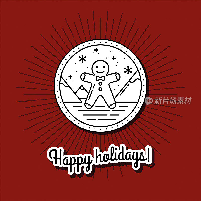 Christmas Icon with New Year Gingerbread and Mountains. Vector illustration. Happy Character with outline. Emblem for Cards, Gift Tags, printing on Holiday Souvenirs, banners and labels